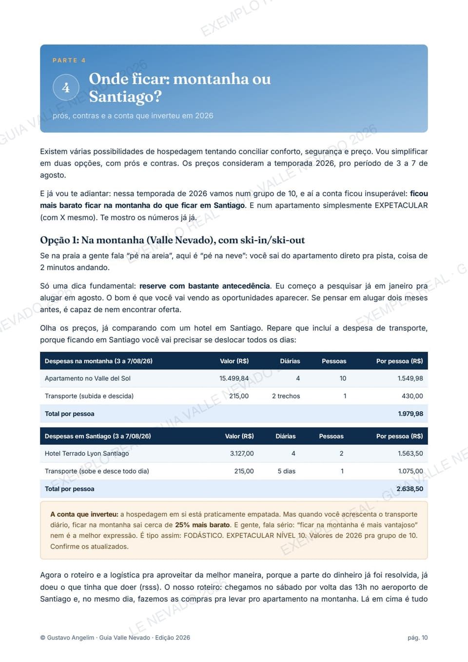 Página real do guia: comparação de custos entre ficar na montanha ou em Santiago